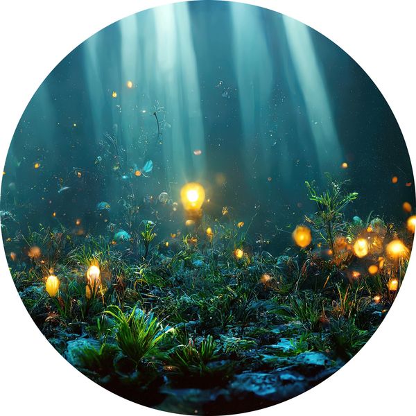A dark miniature forest is lit up by yellow bulbs of various sizes to show light, shadow & magic