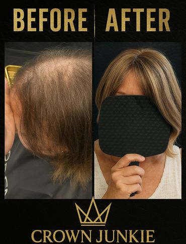 Before and after hair transformation by Crown Junkie showing fuller hair.