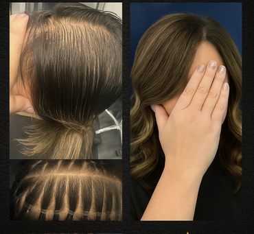 Hair extensions being applied and the finished wavy hairstyle.