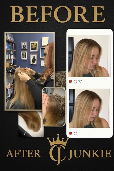 Before and after hair treatment showing smooth, styled blonde hair.