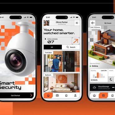 Smart home security app displaying live camera feeds and status on mobile devices.