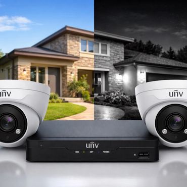 Two Univ security cameras and a DVR system with a house shown in day and night views.