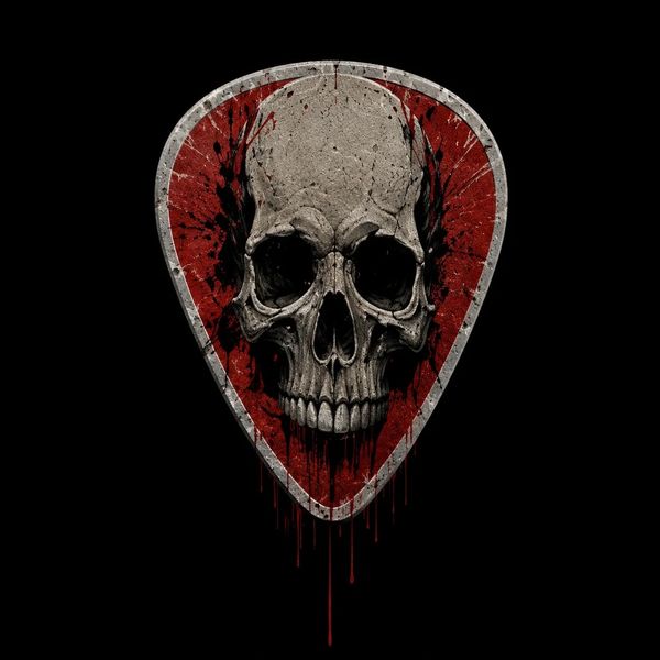 Skull graphic on a blood-splattered guitar pick shape with dark background.