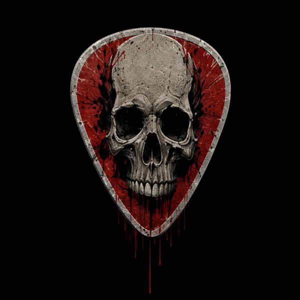 Skull graphic on a blood-splattered guitar pick shape with dark background.