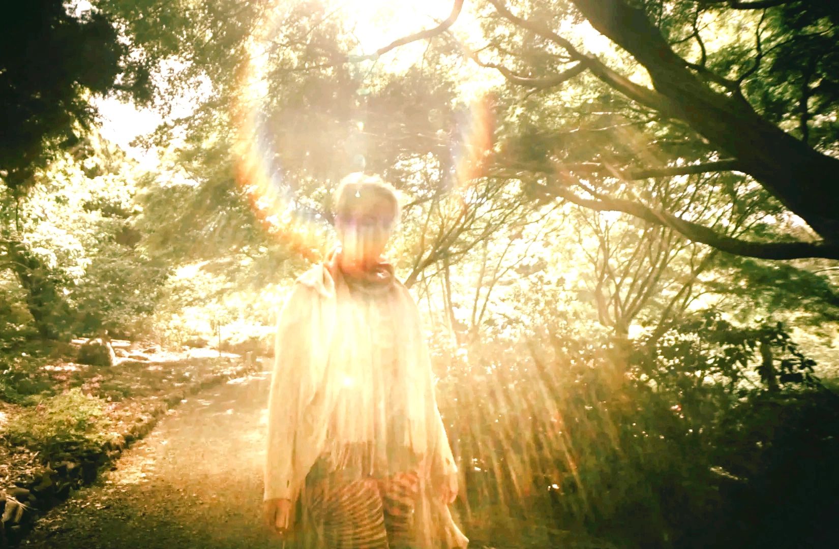 Person standing on a sunlit forest path with radiant light and lens flare.