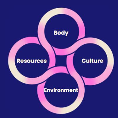The DisMantle logo of 4 intertwined circles that say Body, Resources, Culture and Environment.