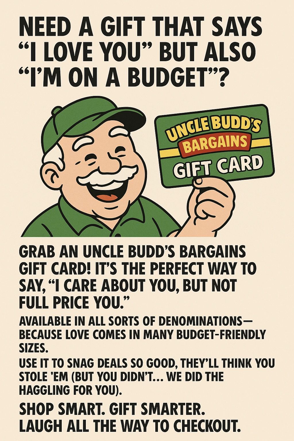 A cartoon guy holds up a sign for Uncle Budd's gift cards