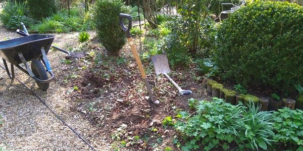 Garden tools in a dug-up garden bed next to a wheelbarrow.