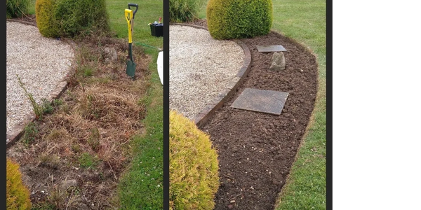Before and after garden bed cleanup and soil preparation with a shovel.