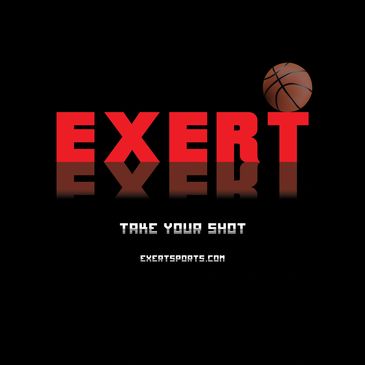 Red logo text that says Exert with a basketball on top of the T and the slogan Take Your Shot. 