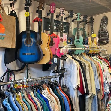 Aloha Daytona Beach ukuleles and aloha apparel display.