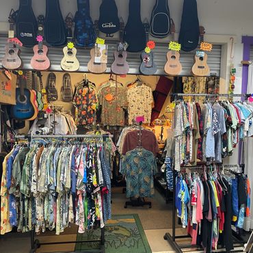 Island-style shirts and instruments at Corner Shops Mall, Daytona.