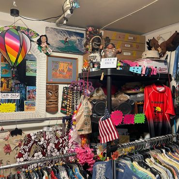 Hawaiian-themed clothing and instruments in Daytona Beach shop.