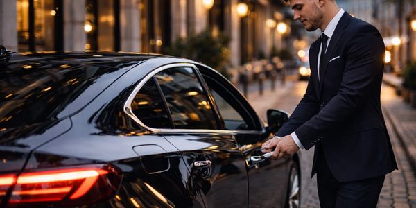 A man in a suit unlocking a black luxury car on a city street at dusk.