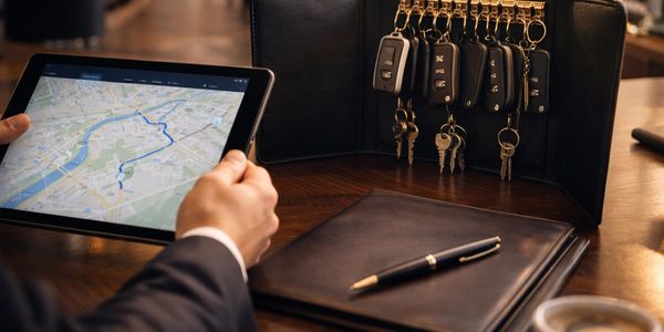 Person holding a tablet showing a map next to a set of car keys and office supplies.