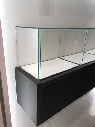 Empty glass display case on a black wooden cabinet.