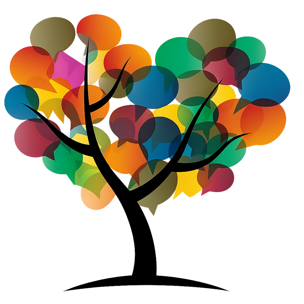 Abstract tree with colorful speech bubble leaves symbolizing communication.