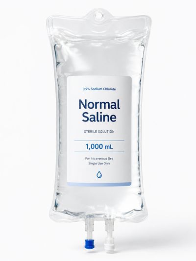 A 1,000 mL intravenous saline solution bag for medical use.
