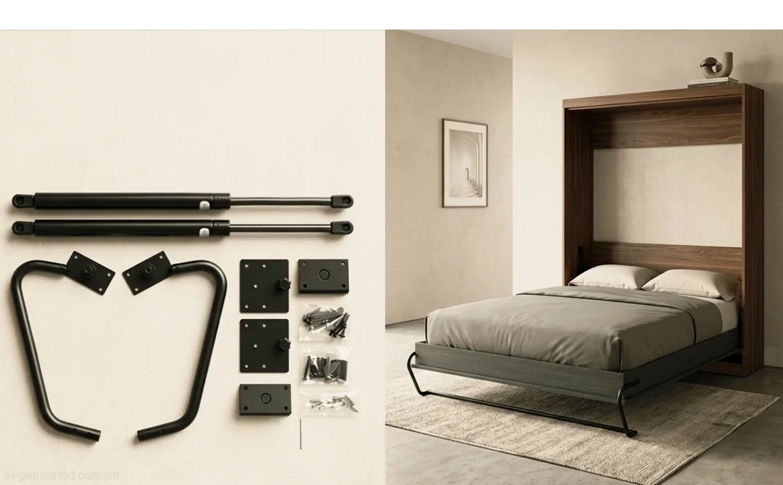 Components and assembled view of a modern Murphy bed in a minimalist room.