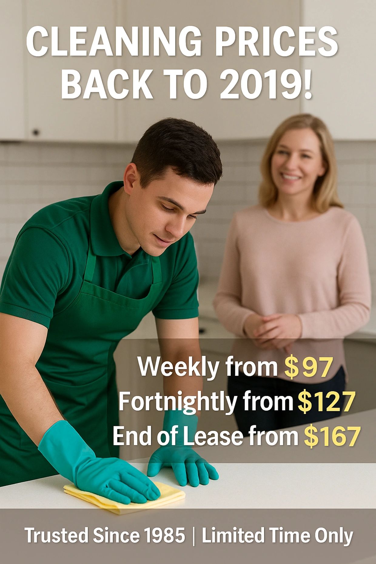 Man cleaning a surface with a cloth, woman watching happily, cleaning service prices advertised.