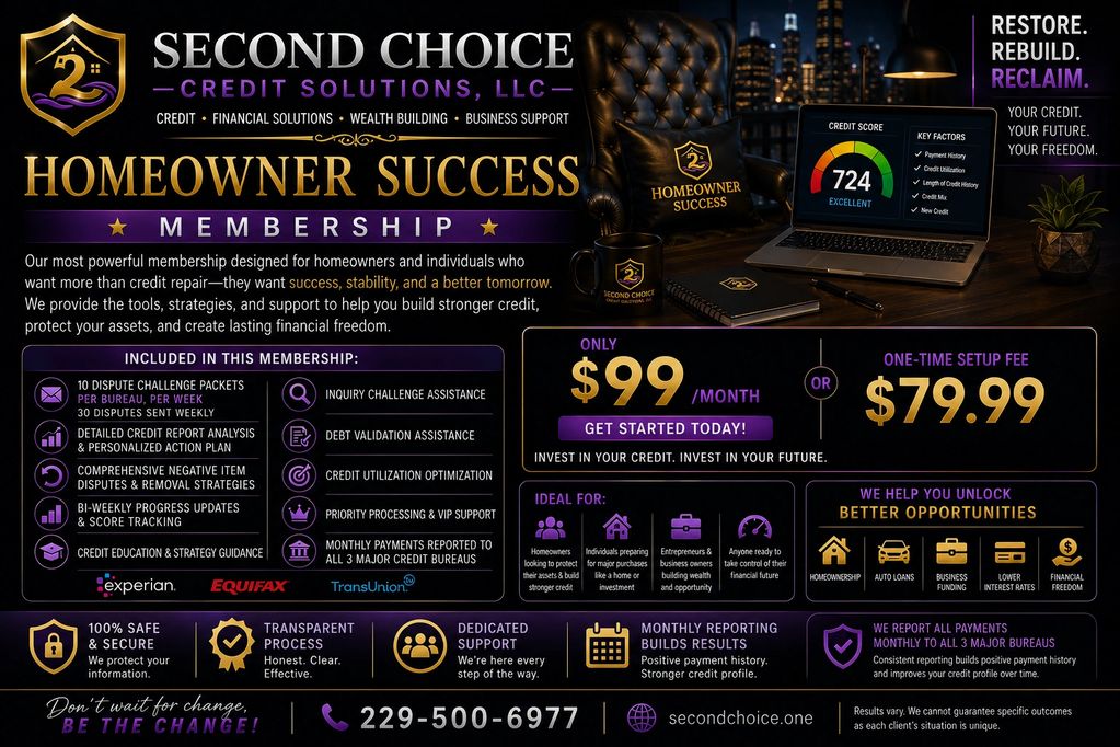 Homeowner Success Membership by Second Choice Credit Solutions for credit improvement and financial freedom.
