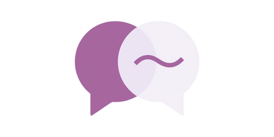 Two overlapping speech bubbles, one purple and one white with a tilde symbol.