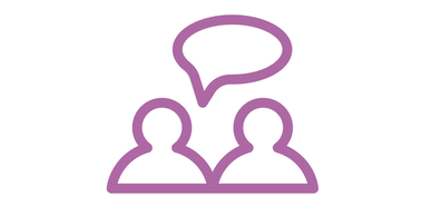 Purple outline of two people with a speech bubble above them on black background.