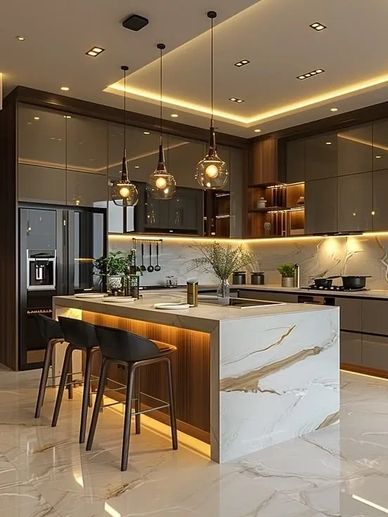 Modern kitchen with marble island and pendant lights.