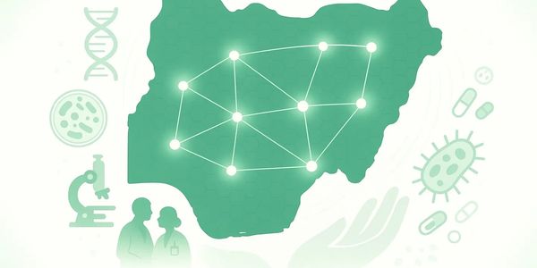 Map of Nigeria with connected points symbolizing healthcare network and medical research.