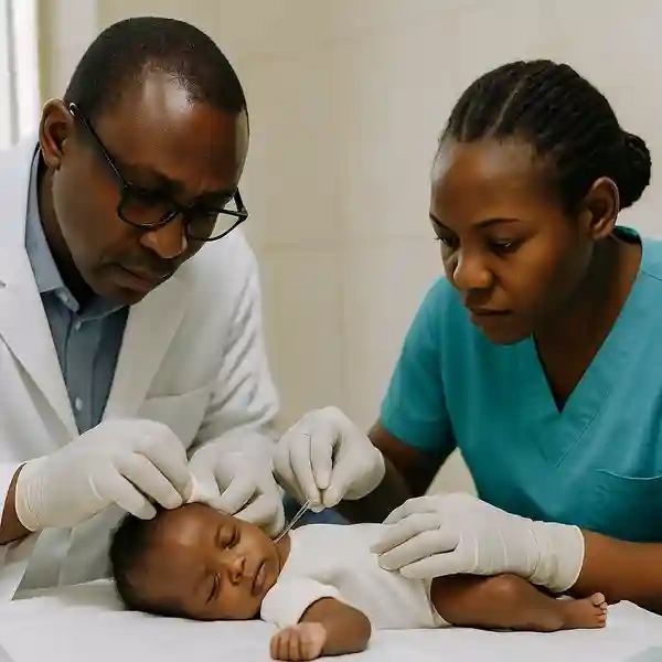 Two healthcare professionals examining a sleeping baby in a clinical setting.