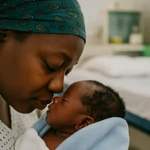A tender moment between mother and newborn baby wrapped in a blue blanket.