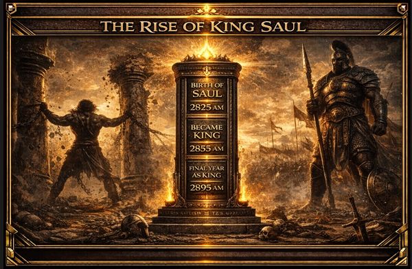 Epic fantasy scene depicting the rise of King Saul with timelines and warriors in battle.