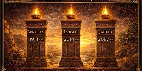 Three ancient pillars with flames representing Abraham, Isaac, and Jacob with years inscribed.