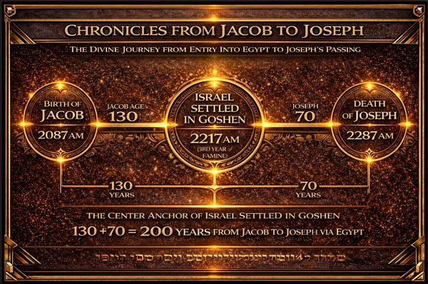Timeline from Jacob's birth to Joseph's death highlighting Israel's settlement in Goshen.