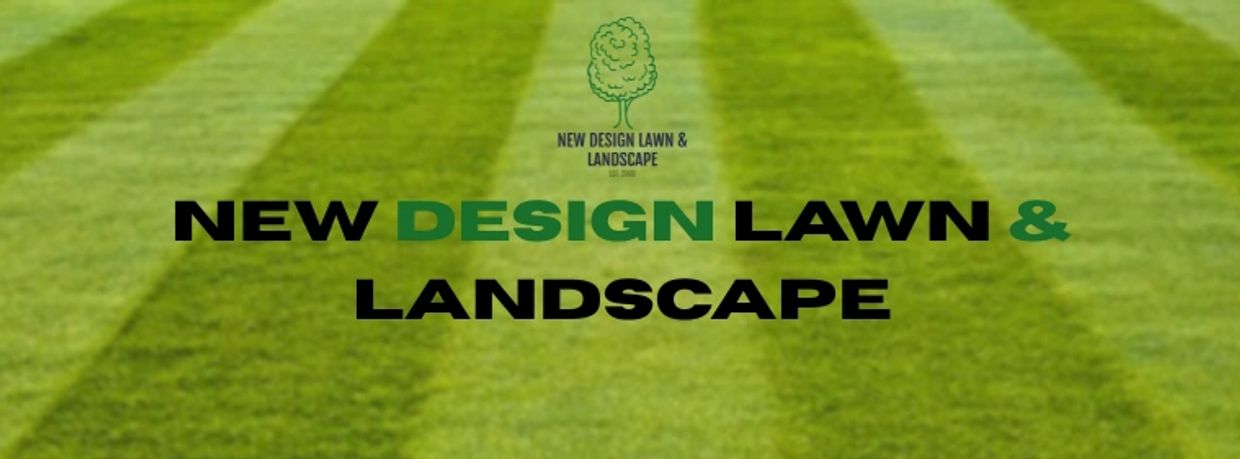 Logo for New Design Lawn & Landscape over striped green grass background.