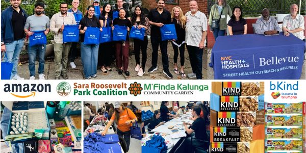 Community event with diverse people, food, and sponsorships from Amazon and NYC Health + Hospitals.