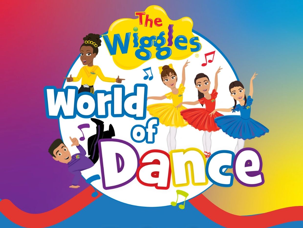 Colorful promotional image for The Wiggles' World of Dance featuring animated characters in dance poses.