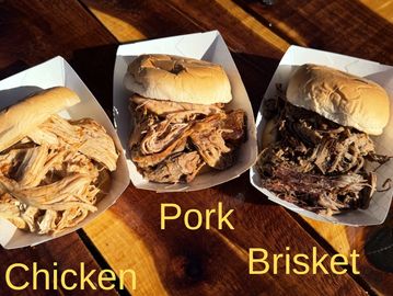 Pulled pork sandwich, smoked chicken sandwich, brisket sandwich