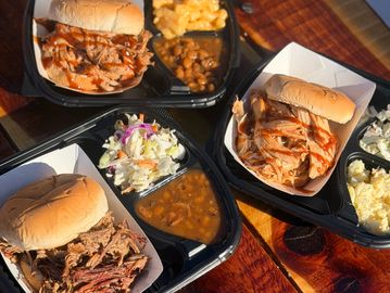BBQ Sandwich Meal, Cole slaw, baked beans, potatoe salad, smoked Mac