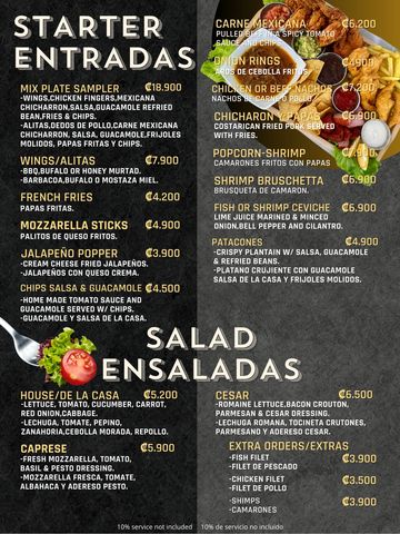 Menú con entradas y ensaladas variadas y precios.