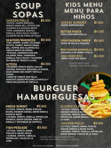 Menú variado con sopas, hamburguesas y platos para niños.