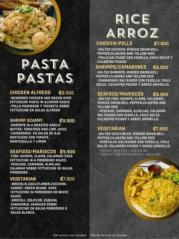 Menú de pasta y arroz con opciones de pollo, camarones, mariscos y vegetariano.
