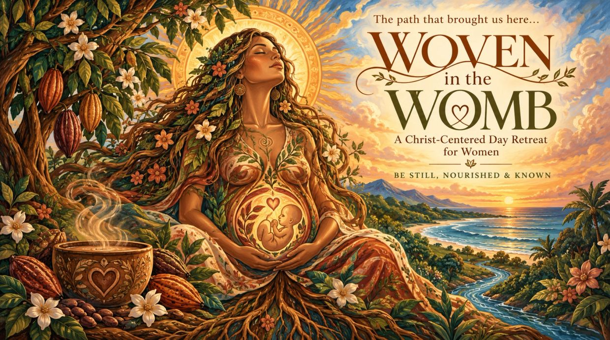 Artwork featuring a pregnant woman with nature elements and event details.