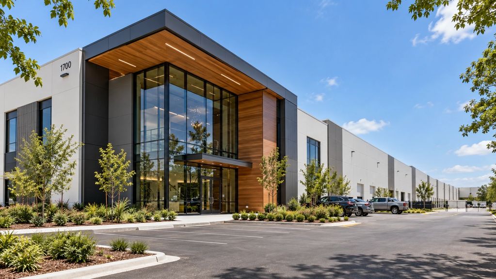 Modern office building with glass entrance and parking lot.