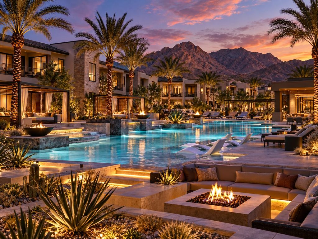 Luxurious outdoor pool area with fire pits and palm trees at sunset.
