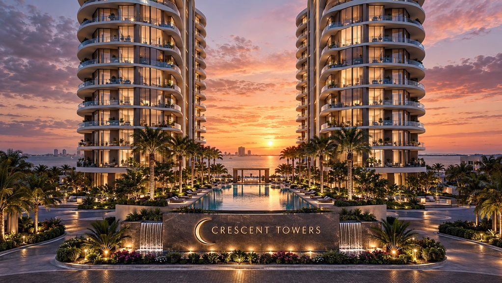 Sunset view of Crescent Towers with pool and palm trees.