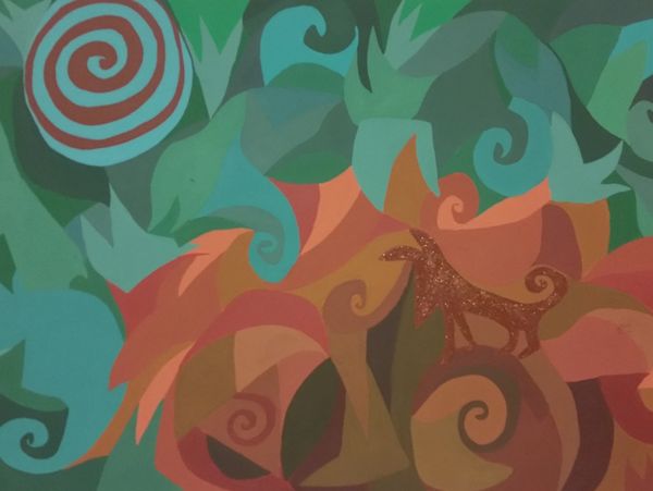 Colorful abstract painting with swirling shapes and a glittery animal figure.