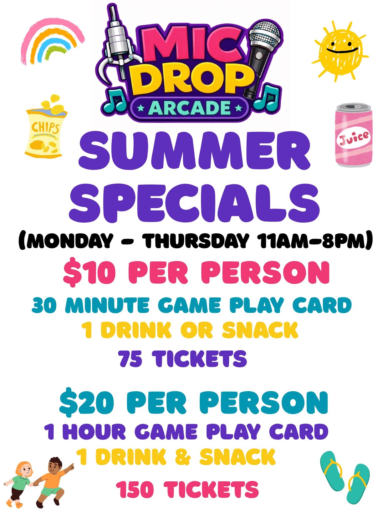 Mic Drop Arcade summer specials with game play, snacks, and tickets.