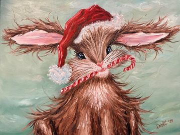 Original Oil painting  of a whimiscal christmas rabbit holding a candy cane and wearing a Santa hat