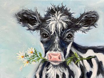 original oil painting of a happy whimsical cow holding daisy flowers
